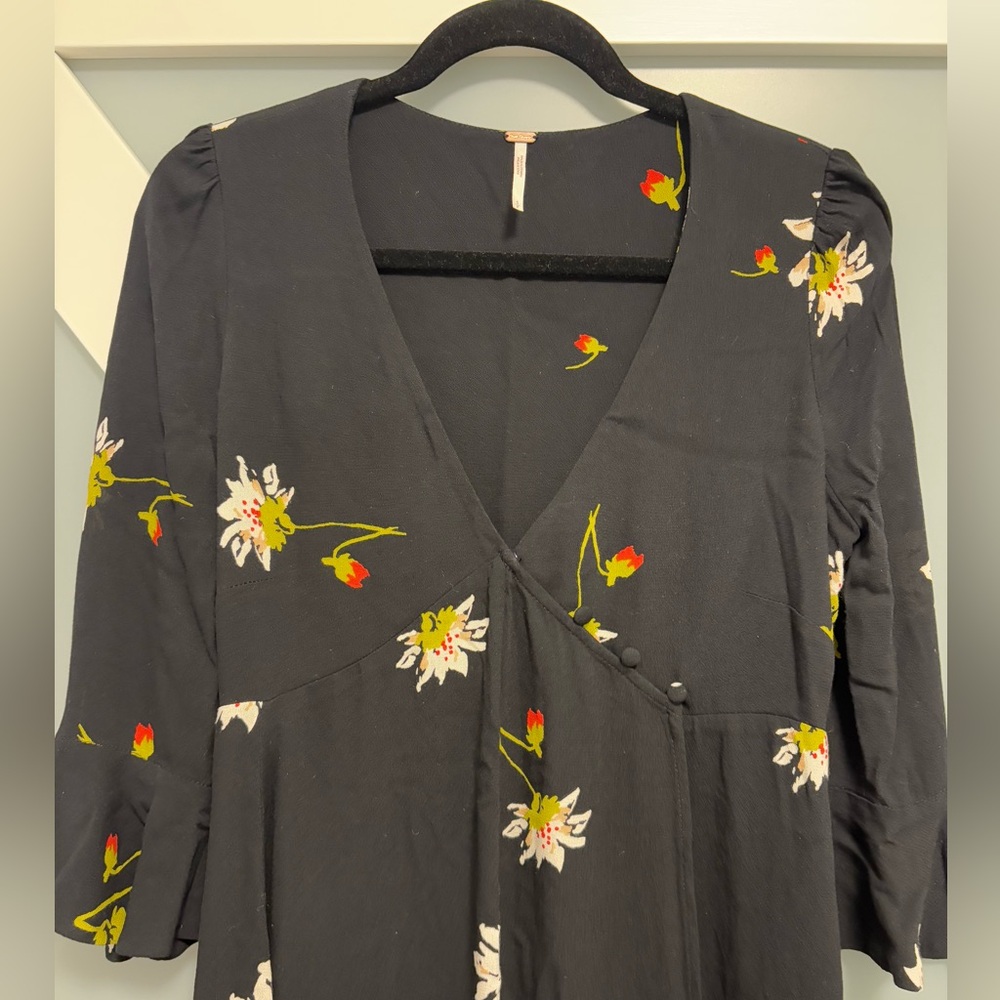 Free People- Time On My Side Black Floral Print Wrap Dress - Picture 5 of 12